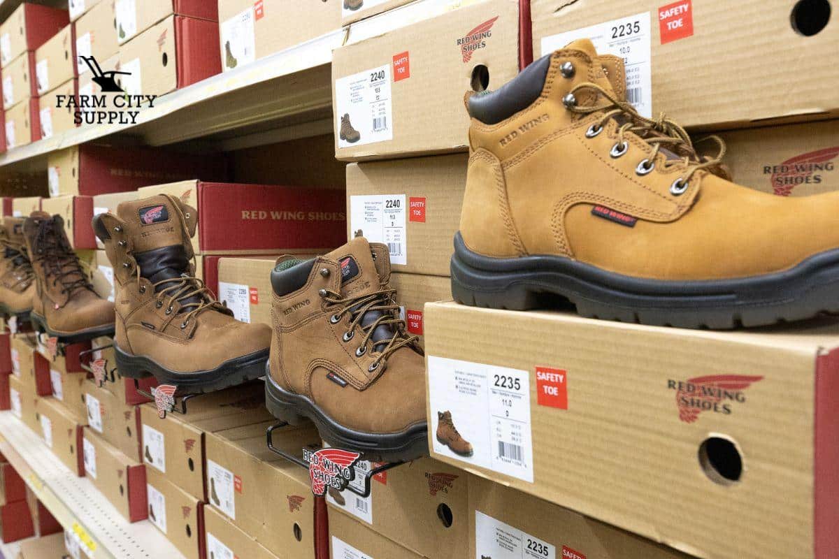 Red Wing work boots are displayed on shelves inside Farm City Supply.