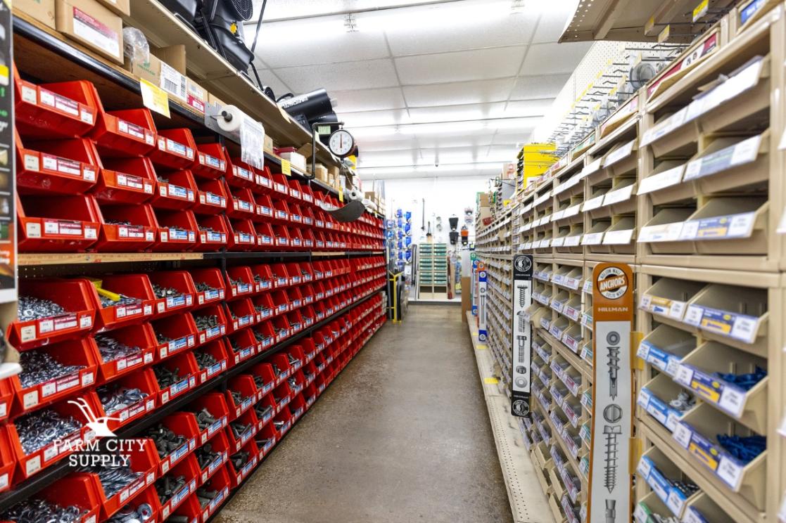 Inventory of mechanical bearings and hardware at Farm City Supply