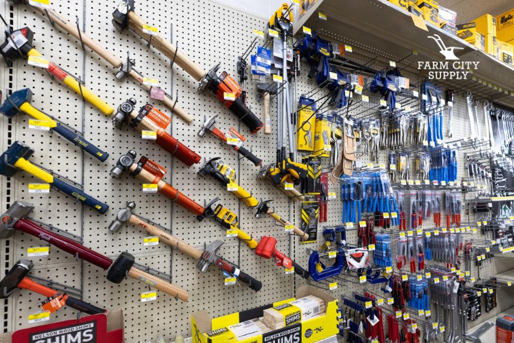 Selection of power tools and hand tools for farm maintenance