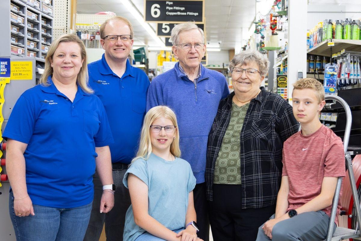 Three generations of the Farm City Supply family pose inside the remodeled store, highlighting the family-owned business's continued commitment to the Breckenridge community.