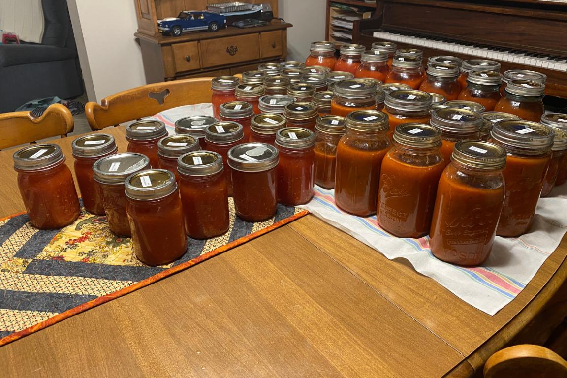 Homemade canned salsa ready for pantry storage.