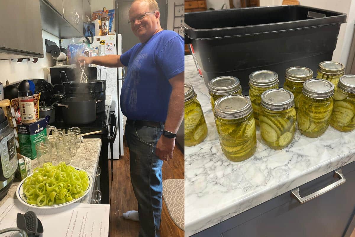 Water bath canning setup at home.