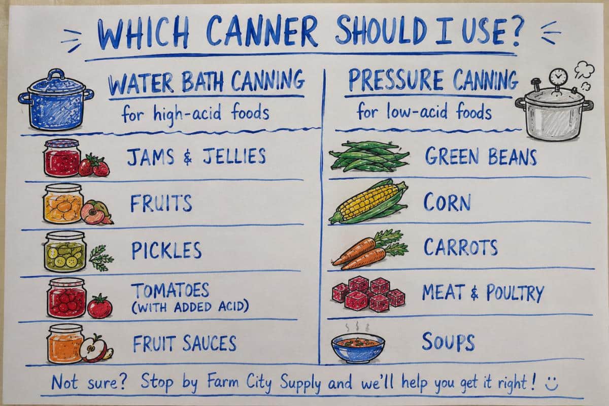 Water bath canning and pressure canning comparison.